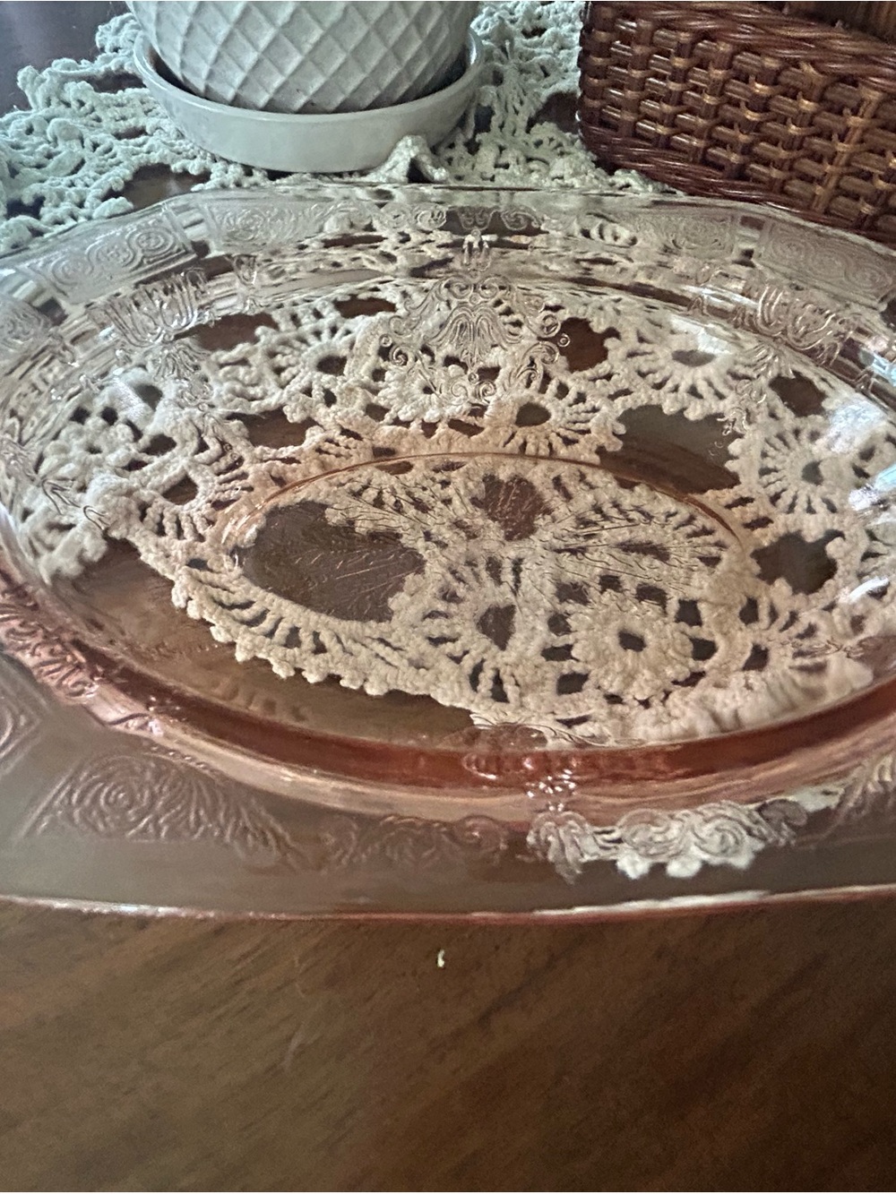 Vintage pink depression glass  oval bowl -Adam pattern